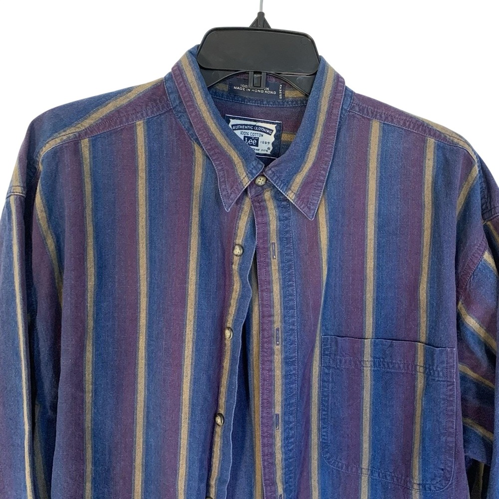 Vintage 90s Lee Blue Striped Long Sleeve Button Up All‎ Cotton Mens XL